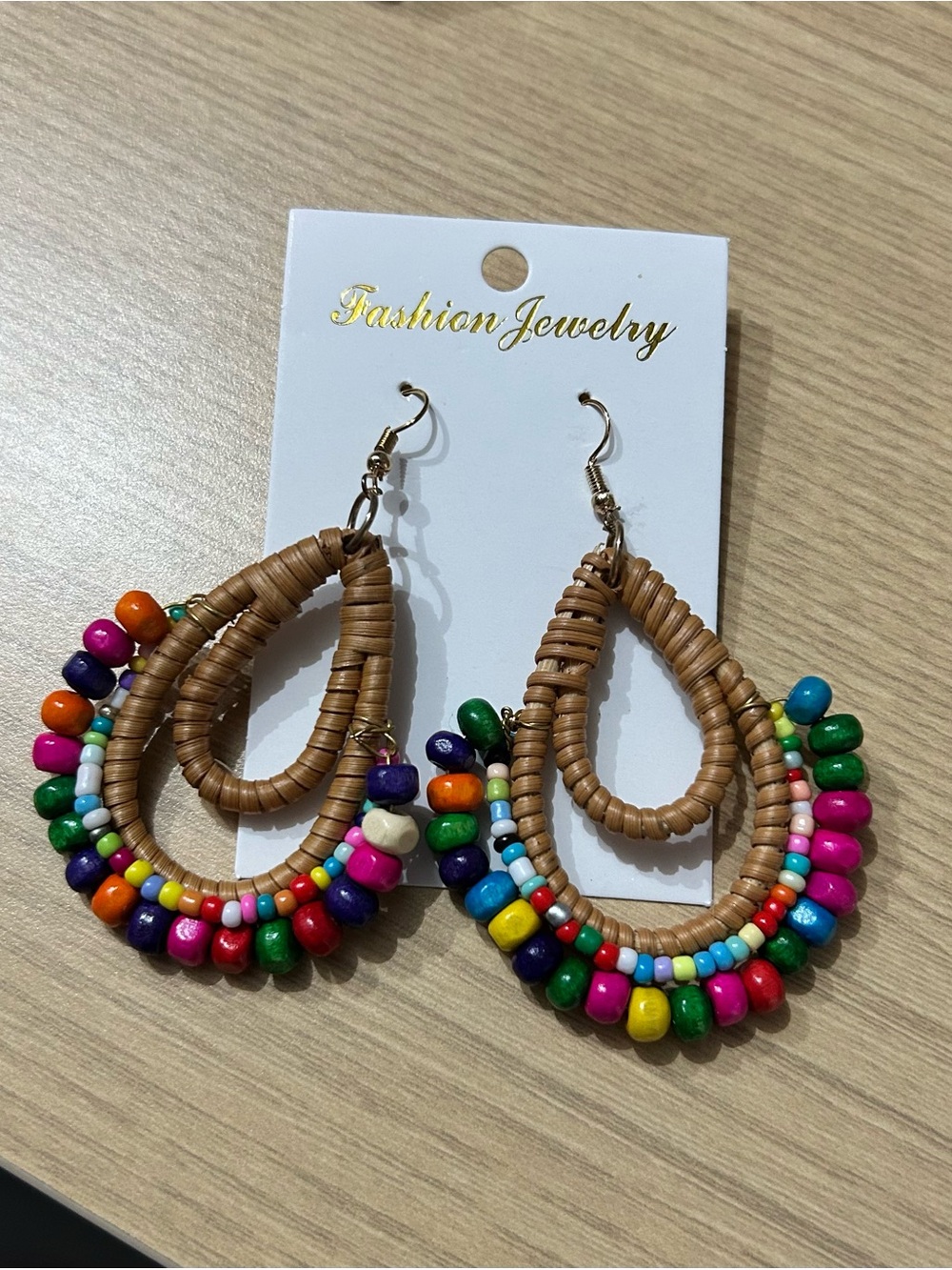 Fashion Jewelry Brown Woven Teardrop Earrings with Multicolor Beads